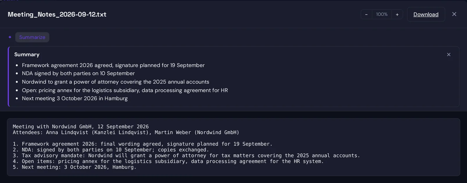 A meeting note opened in the Sapherbox viewer with the on-device AI bar above it: a Summarize button and a Summary panel listing five key points, produced in the browser