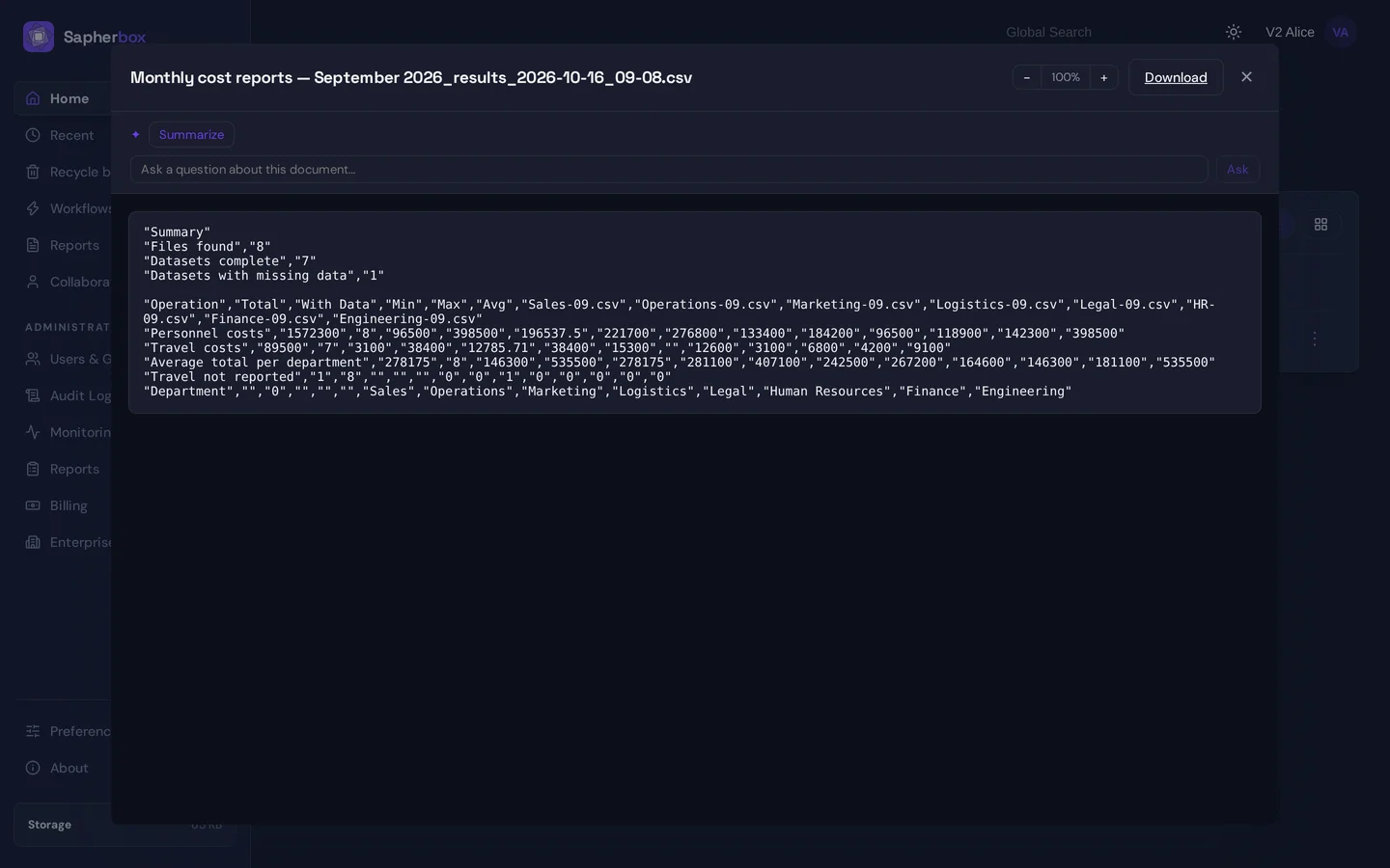 Die gespeicherte Ergebnisdatei in der Sapherbox-Dateiansicht: eine CSV, benannt nach Job und Laufzeit, mit einem Summenblock (gefundene, vollständige und unvollständige Dateien) und einer Zeile pro Operation mit den Werten pro Datei