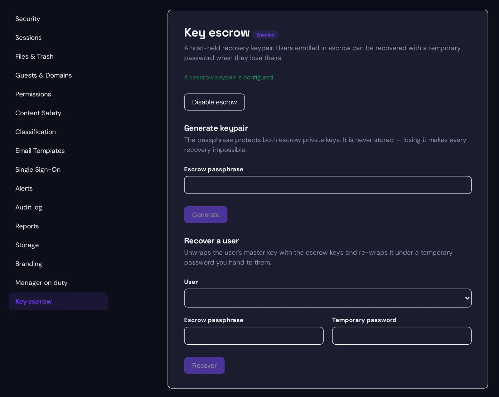 The Key escrow page in Enterprise settings with escrow enabled: the keypair is configured, a passphrase field to generate a new one, and a Recover a user form with user, escrow passphrase and temporary password