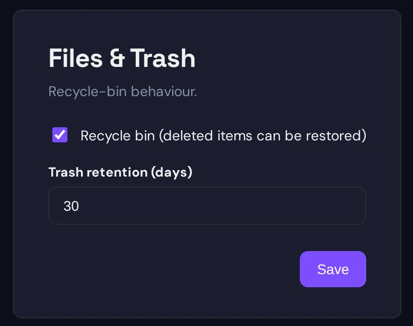 Die Einstellungen „Files & Trash“: Papierkorb eingeschaltet, Aufbewahrungsfrist 30 Tage