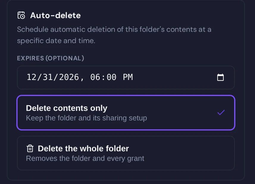 The Auto-delete section of the folder settings: an expiry date of 31 December 2026 and the choice between Delete contents only, which keeps the folder and its sharing setup, and Delete the whole folder