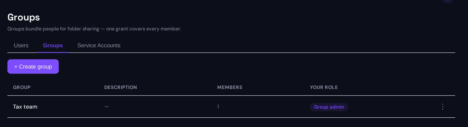 The Groups tab under Users & Groups: one group, Tax team, with one member and the role Group admin, and a Create group button