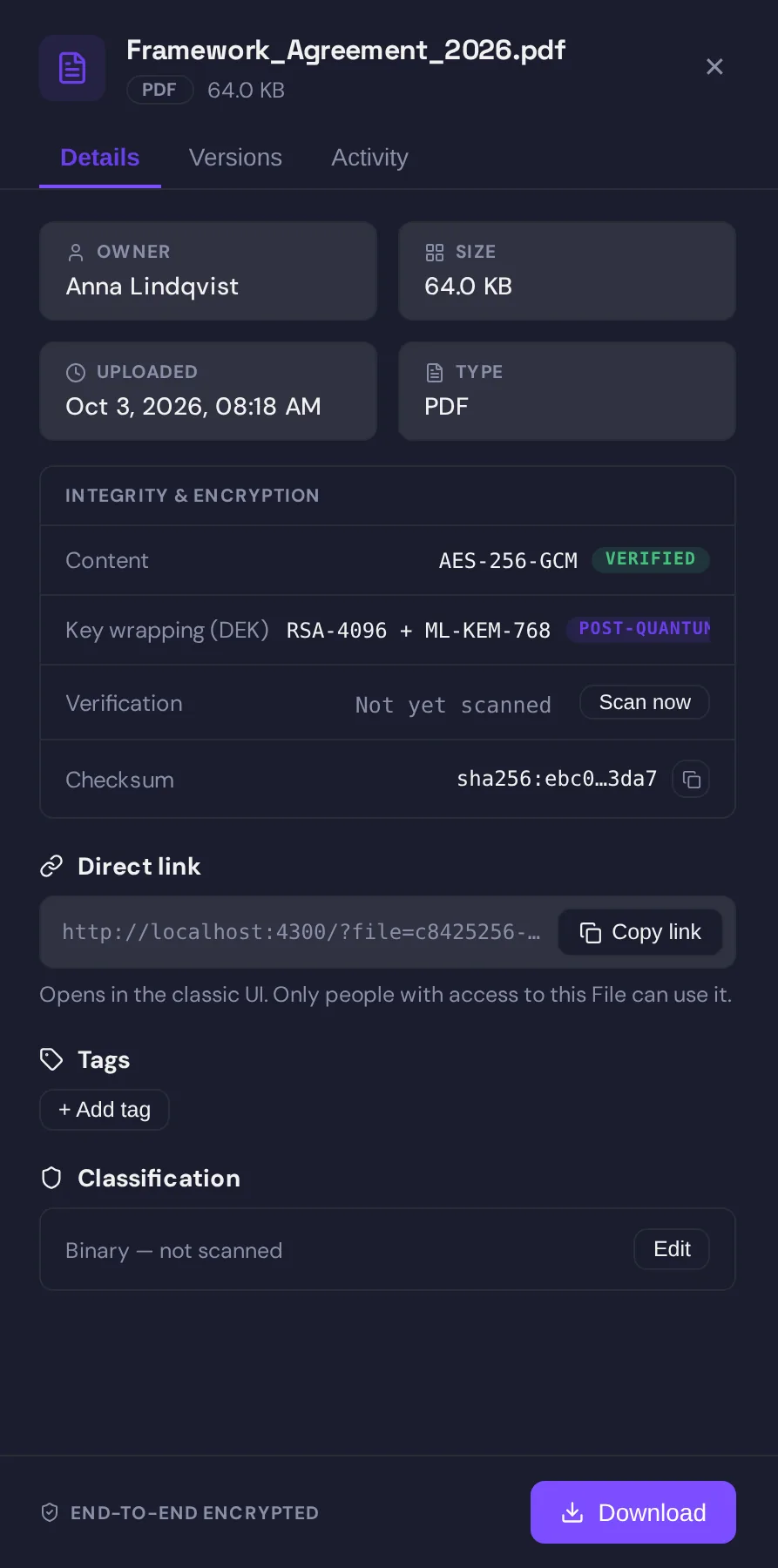 The file properties panel: Integrity & Encryption with content AES-256-GCM verified, key wrapping RSA-4096 plus ML-KEM-768, checksum, and the footer End-to-end encrypted