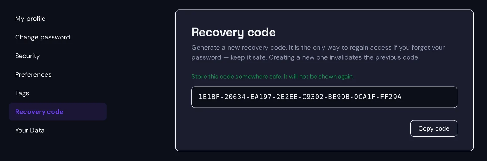 The Recovery code page in Preferences after creating a new code: a one-time code of eight five-character blocks with a Copy code button and the note that it will not be shown again