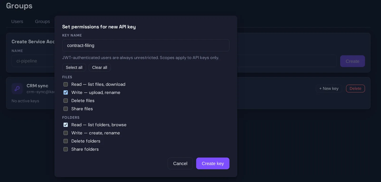 The scope picker for a new API key named contract-filing: of the ten scopes only Write (upload, rename) under Files and Read (list folders, browse) under Folders are ticked