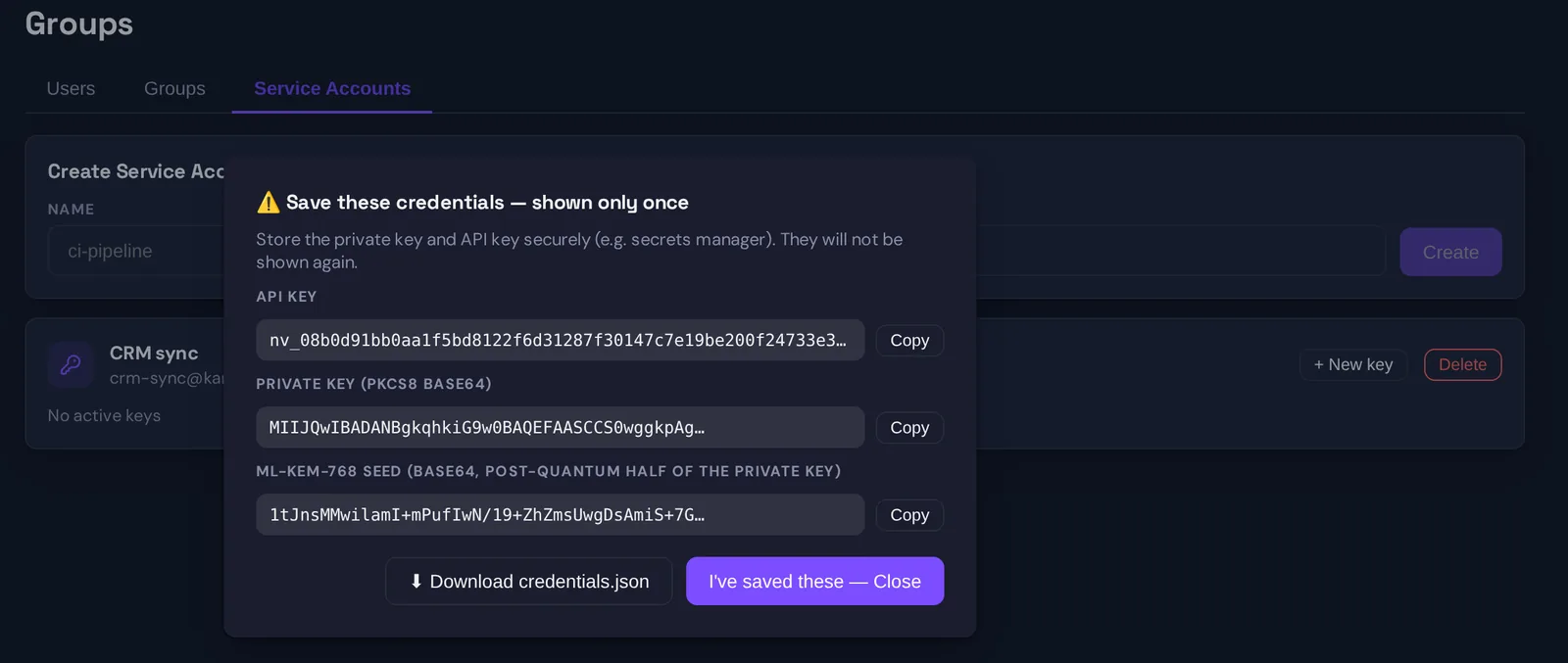 The one-time credentials dialog after creating the service account CRM sync: the nv_ API key, the PKCS#8 private key and the ML-KEM-768 seed, each with a Copy button, plus Download credentials.json