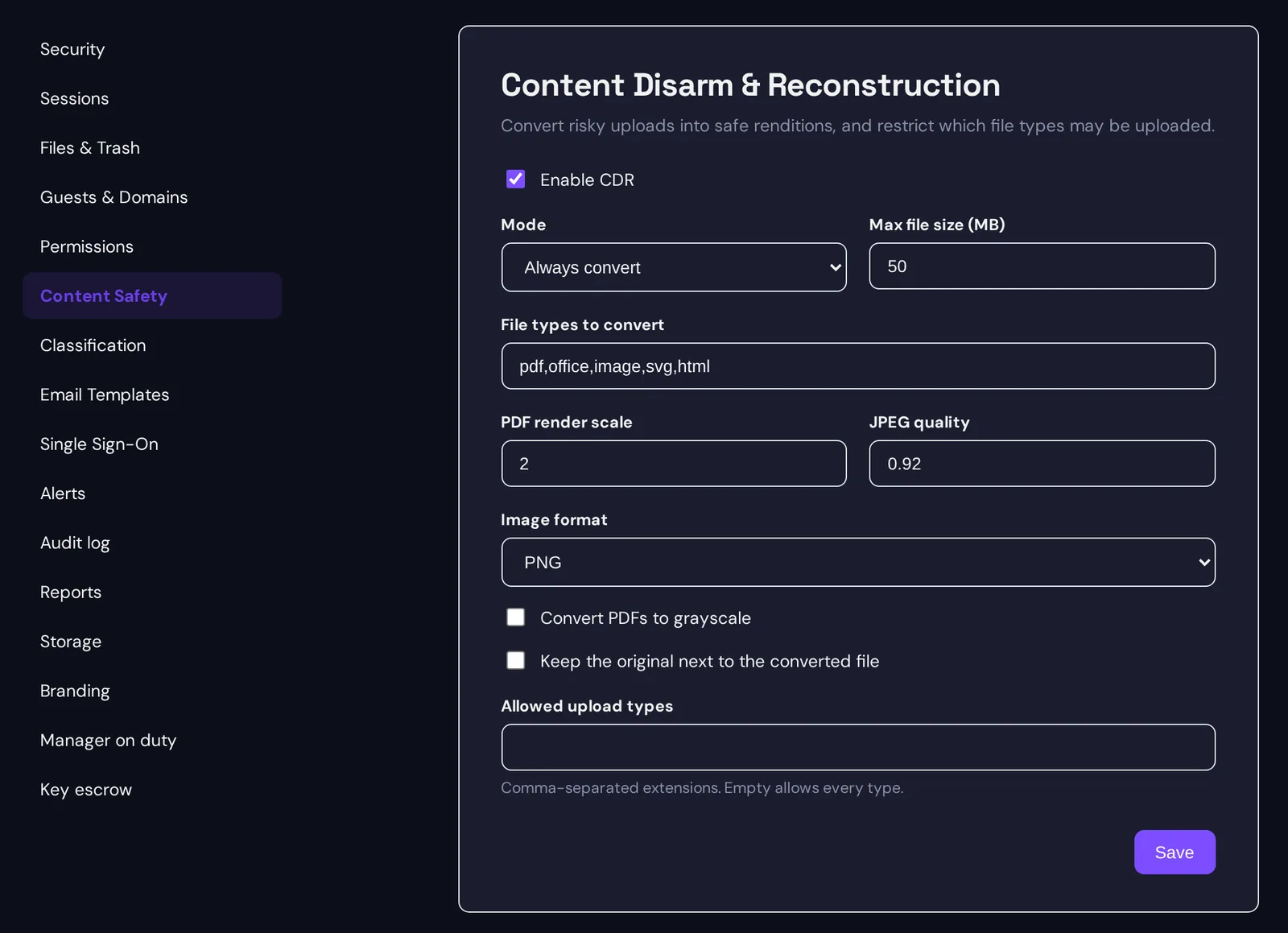 The Content Disarm & Reconstruction settings: CDR enabled, mode Always convert, a 50 MB size limit, file types pdf, office, image, svg and html, render scale, image format, grayscale and keep-original options, and the allowed upload types field