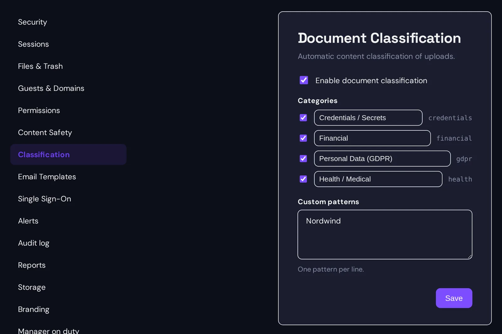 The Document Classification settings: classification enabled, the categories Credentials / Secrets, Financial, Personal Data (GDPR) and Health / Medical switched on, and the custom pattern Nordwind