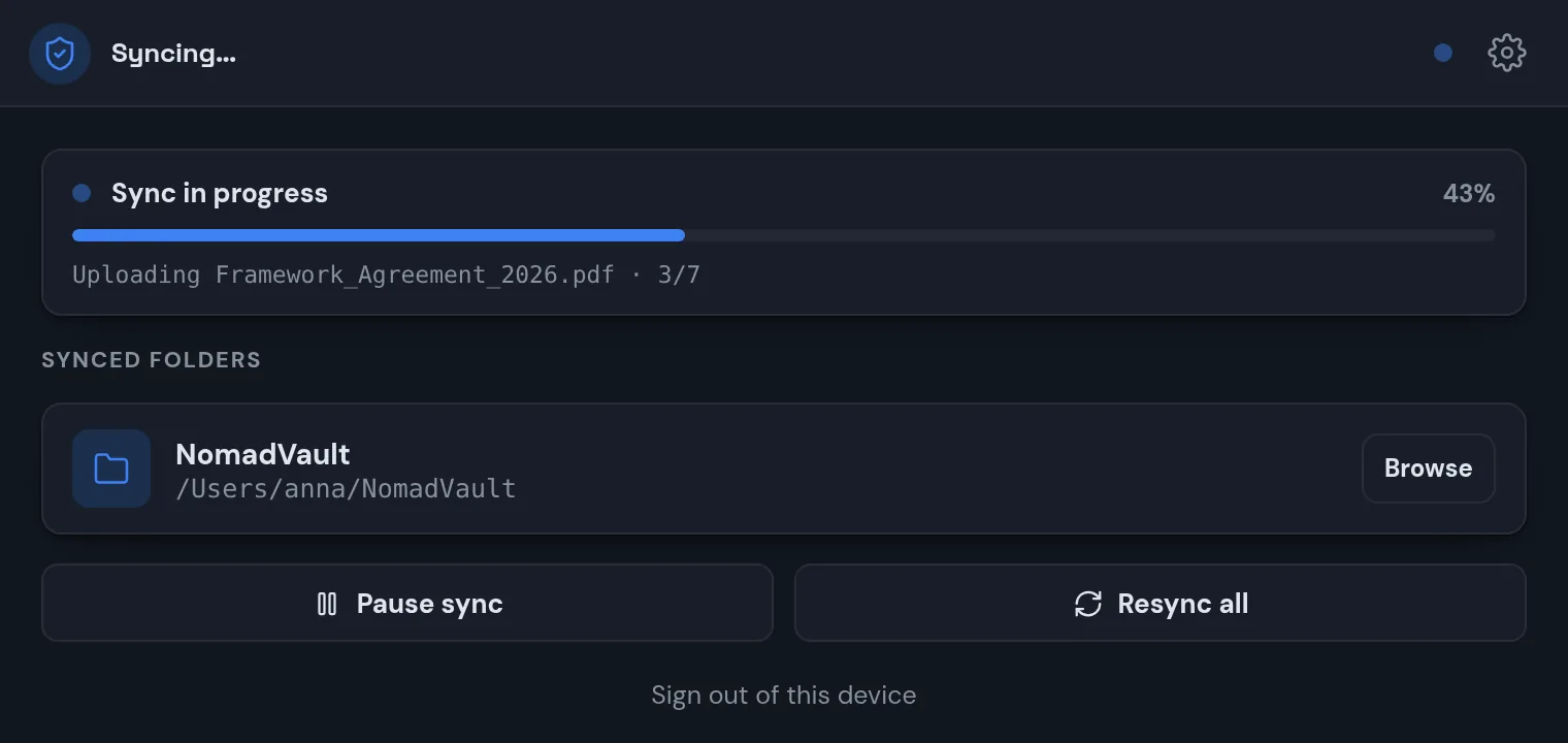 The sync client during a sync: a progress card at 43 percent reading Uploading Framework_Agreement_2026.pdf, 3 of 7, the synced folder Sapherbox with its local path and a Browse button, and the Pause sync and Resync all buttons