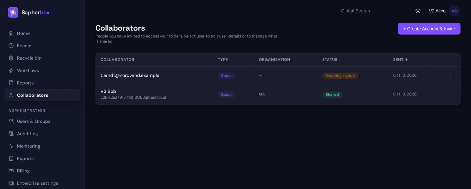 The Collaborators page with two entries: t.arndt@nordwind.example with the status Awaiting signup, and Jonas Berger with the status Shared