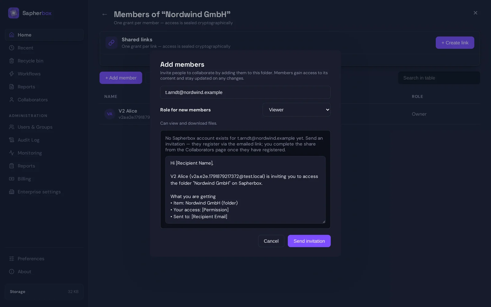 The Add members dialog for the folder Nordwind GmbH with the address t.arndt@nordwind.example entered: a note that no Sapherbox account exists for this address yet, the invitation text, and the button Send invitation
