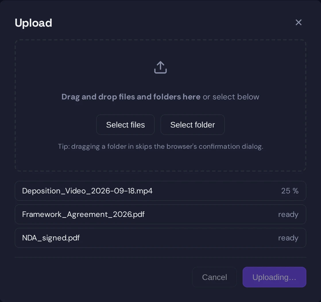 The upload dialog mid-transfer: a 160 MB video at 25 percent while two PDFs wait as ready, the Upload button showing Uploading