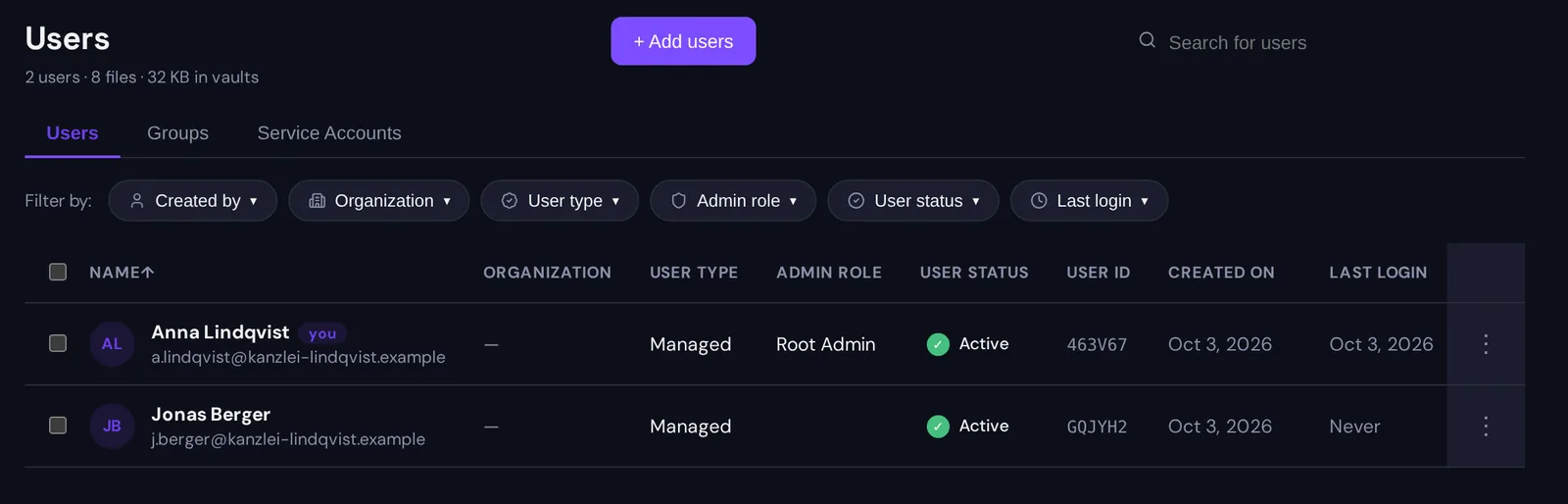 The Users list in administration: two managed accounts, Anna Lindqvist with the admin role Root Admin and Jonas Berger with none, each with status, user id, creation date and last login, and filters for user type, admin role and status