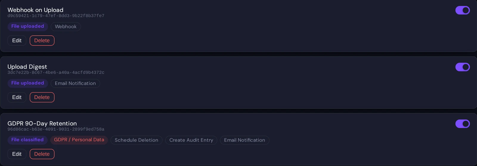 The Workflows page with three saved rules: Webhook on Upload, Upload Digest and GDPR 90-Day Retention, each showing its trigger, its filter and its actions as badges, with an on-off switch
