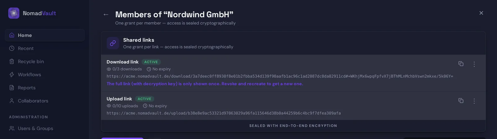 Der Bereich „Shared links“ auf der Mitgliederseite eines Ordners: ein aktiver Download-Link für höchstens drei Downloads, dessen vollständige URL hinter der Raute mit dem Schlüssel endet, der Hinweis, dass der vollständige Link nur einmal angezeigt wird, und ein aktiver Upload-Link für höchstens zehn Uploads