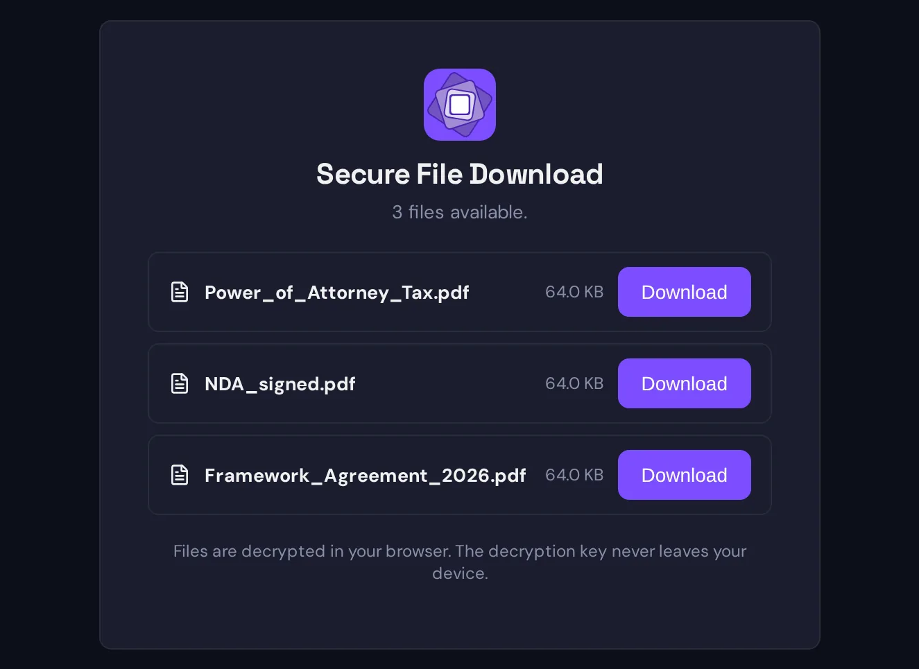 The anonymous download page: three PDF files listed with their sizes and a Download button each, and the note that files are decrypted in the browser and the key never leaves the device