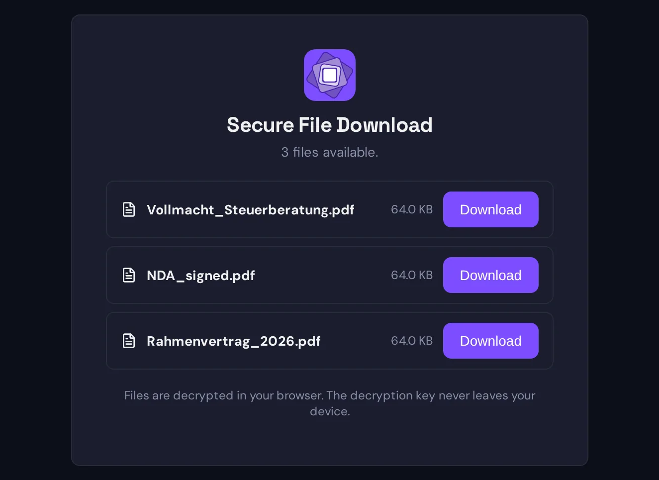 Die anonyme Download-Seite: drei PDF-Dateien mit ihrer Größe und jeweils einer Schaltfläche „Download“, darunter der Hinweis, dass die Dateien im Browser entschlüsselt werden und der Schlüssel das Gerät nie verlässt