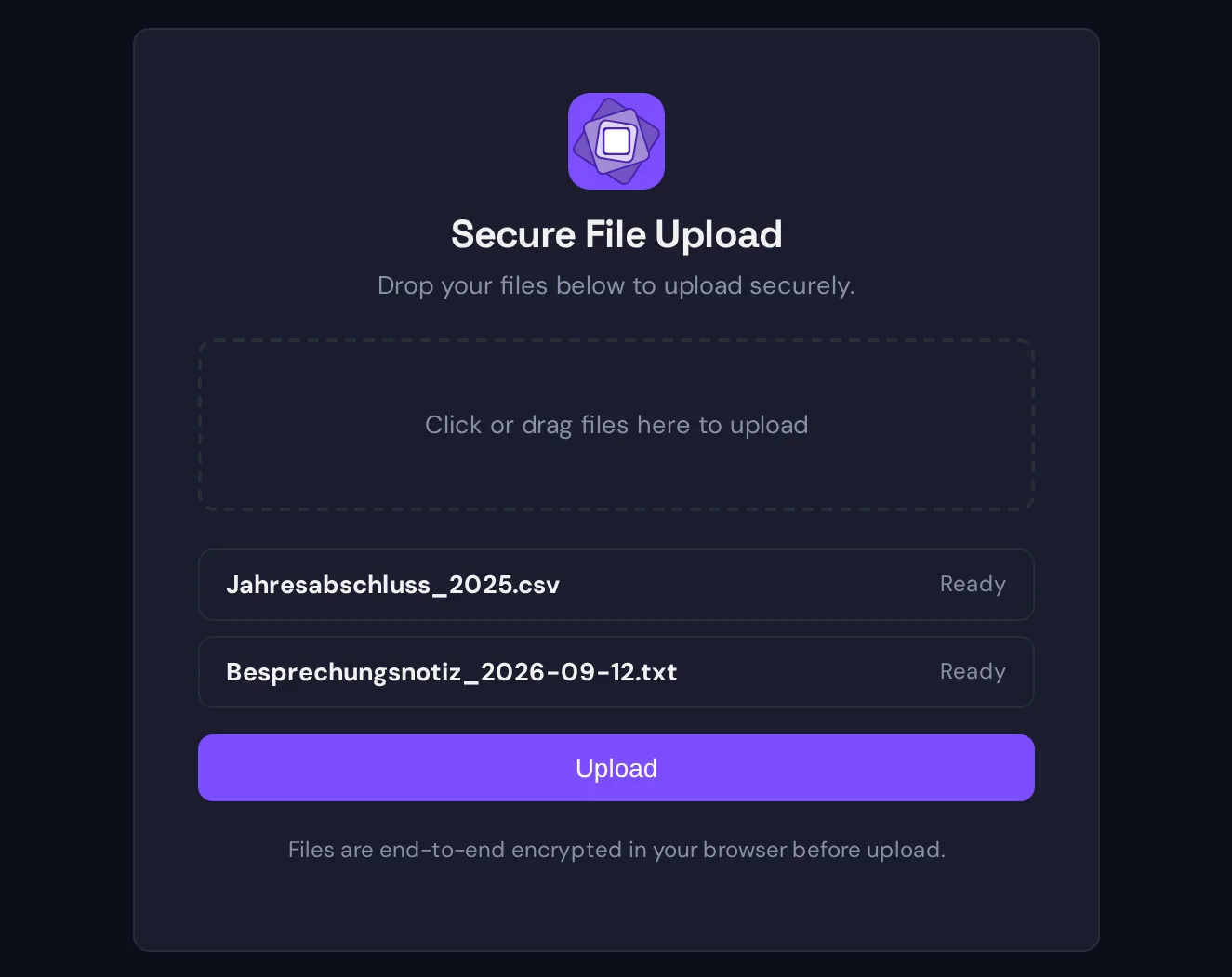 Die anonyme Upload-Seite: eine Ablagefläche, zwei vorgemerkte Dateien mit dem Status „Ready“, die Schaltfläche „Upload“ und der Hinweis, dass die Dateien vor dem Hochladen im Browser Ende-zu-Ende-verschlüsselt werden
