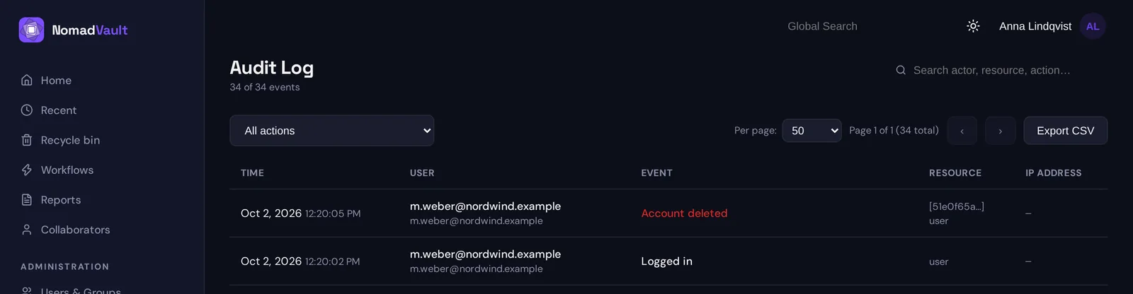 The tenant audit log after a guest deleted their own account: the top entry reads Account deleted for m.weber@nordwind.example, followed by the login that preceded it