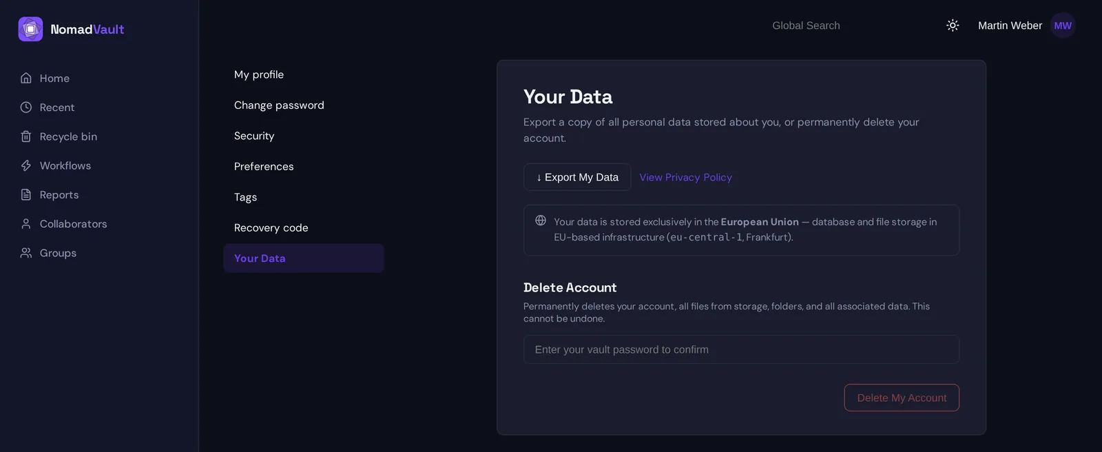 A guest's Your Data page: Export My Data, the EU data residency note, and the Delete Account section with a password field and the Delete My Account button